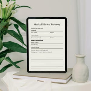 May include: A digital tablet displaying a medical history summary form with sections for personal information, primary care provider, and current conditions or diagnoses.