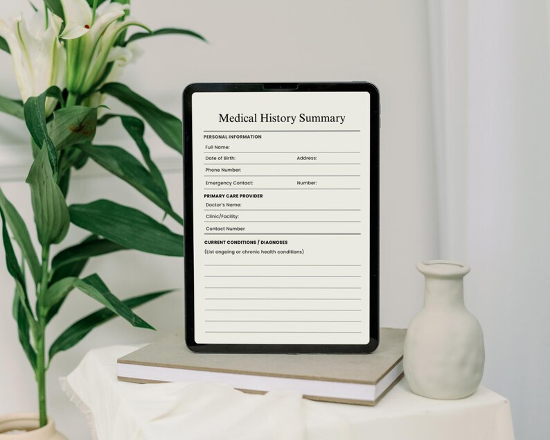 May include: A digital tablet displaying a medical history summary form with sections for personal information, primary care provider, and current conditions or diagnoses.