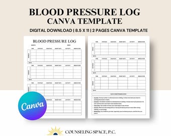Blood Pressure Log, High blood pressure, Blood Pressure Chart, Weekly Blood Pressure Chart, Canva Template, Instant Download