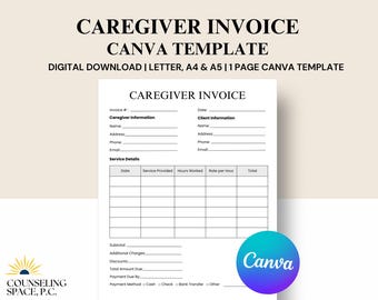 Caregiver Invoice Template: Printable, Editable Canva Form (Digital Download)