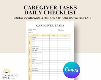 Caregiver Tasks Checklist: Editable Daily Log, Canva Template (Digital Download)
