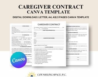 Caregiver Contract Template: Homecare, Childcare, Elder Care (Canva Editable, Instant Download)