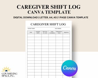 Caregiver Shift Log for Multiple Caregivers: Printable Log Forms, Canva Template (Instant Download)