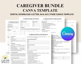 May include: A digital download Canva template bundle for caregivers. The bundle includes a caregiver invoice, checklist, and contract. The documents are in black and white and feature the Canva logo. The text includes "Caregiver Bundle" and "Digital Download".