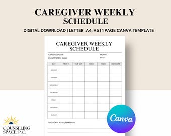 Caregiver Weekly Schedule Editable Template, Caregiver Schedule Log Forms, Caregiver Printable Weekly Schedule Digital Download