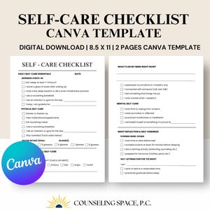 Self-care Tracker, Self care journal, Editable self care planner, Self care checklist, self care to do list,Canva Template, Instant Download