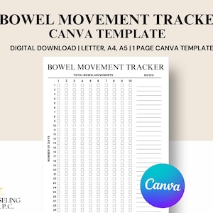 Puede incluir: Una plantilla imprimible de seguimiento de movimientos intestinales con el texto "BOWEL MOVEMENT TRACKER CANVA TEMPLATE". La plantilla incluye una tabla para rastrear los movimientos intestinales totales y notas. El logotipo de Canva es visible en la esquina inferior derecha.