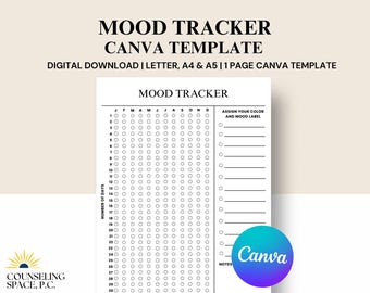 Printable Yearly Mood Tracker: Mental Health Journal, Editable Canva Template (Instant Download)