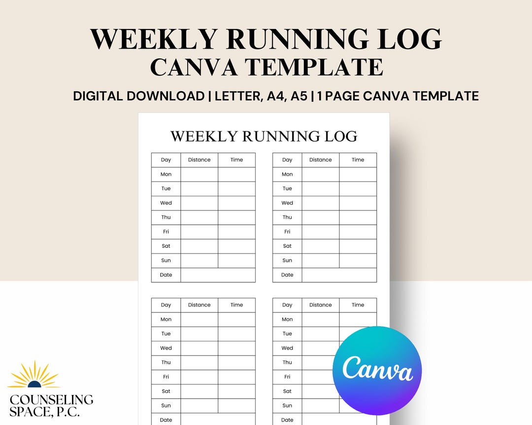 Printable Rweekly Running Log Weekly Running Log: Printable Fitness Tracker, Canva Template (instant ...