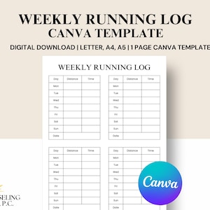 Może przedstawiać: Biały, drukowany szablon tygodniowego dziennika biegów z czarnym tekstem "WEEKLY RUNNING LOG CANVA TEMPLATE". Szablon zawiera sekcje na dzień, dystans i czas. Widoczne jest logo Canva.