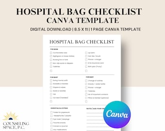 Hospital Bag Checklist & Natural Birth Plan: Canva Template (Instant Download, PDF Files Included)