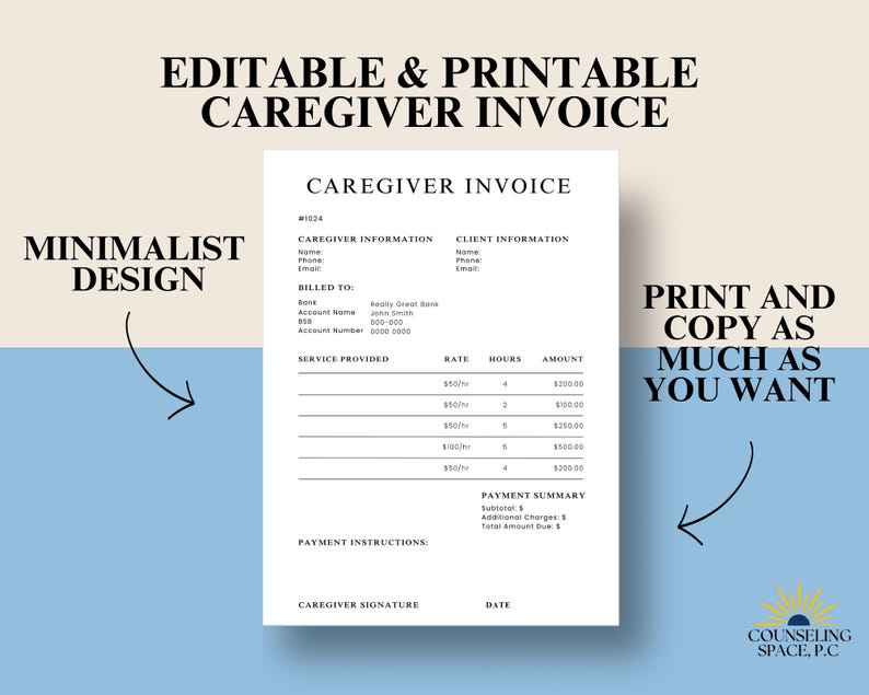 Caregiver Invoice Template: Printable, Editable Canva Form (digital ...