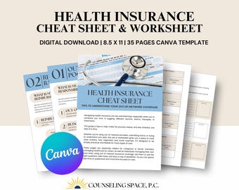 Health Insurance Cheat Sheet & Worksheets: Editable Canva Template (Instant Download)
