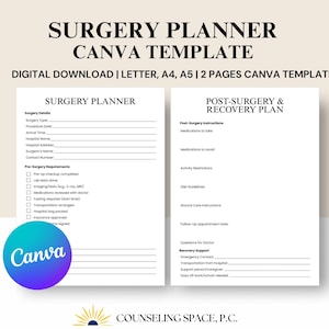 Peut inclure: Modèle Canva à télécharger numériquement pour un planificateur de chirurgie. Le modèle comprend une section sur les détails de la chirurgie et un plan de récupération post-opératoire. Conception sur fond blanc avec texte noir.