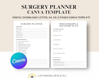 Può includere: Modello Canva scaricabile digitalmente per un pianificatore di interventi chirurgici. Il modello include una sezione sui dettagli dell'intervento e un piano di recupero post-operatorio. Il design è su sfondo bianco con testo nero.
