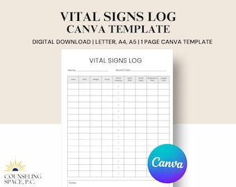 Printable Vitals Signs Log: Healthcare Tracker Canva Template (Instant Download)
