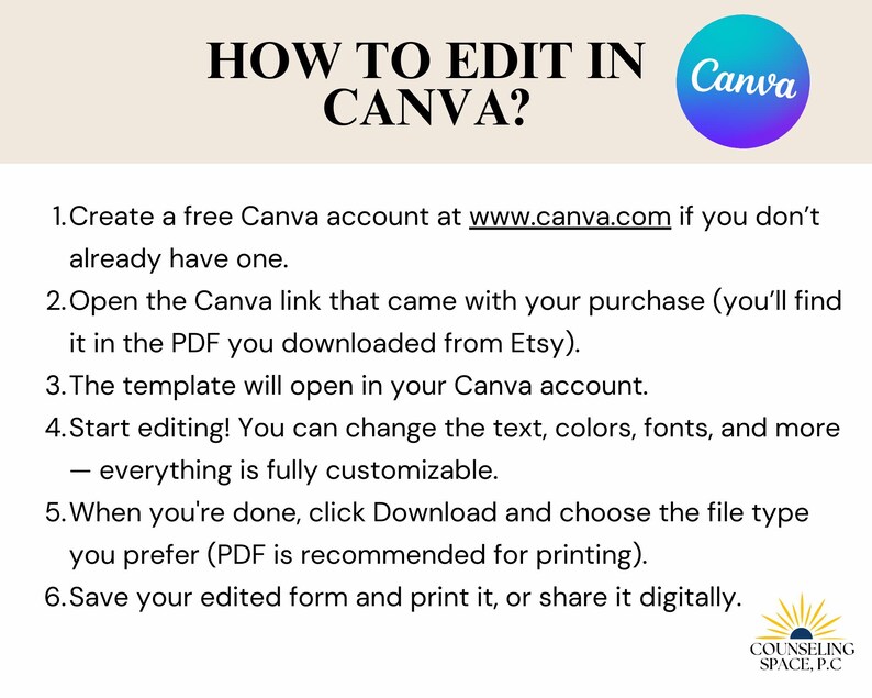 May include: A step-by-step guide on how to edit a Canva template. The text includes instructions on creating a free Canva account, opening the Canva link, editing the template, and saving the edited form. The image also includes the Canva logo.