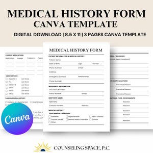 Pode incluir: Um modelo de formulário de histórico médico em preto e branco para Canva. O formulário inclui seções para medicamentos atuais, vacinas, histórico médico familiar, informações do paciente, informações de seguro, nome do médico, histórico médico e hospitalizações. O formulário foi projetado para ser usado por profissionais de saúde e pacientes.