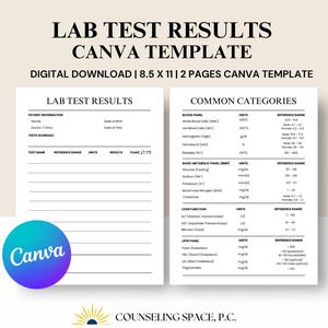 Puede incluir: Una plantilla digital de Canva para resultados de pruebas de laboratorio, con dos páginas blancas y texto negro. La plantilla incluye secciones para información del paciente, resultados de pruebas y categorías comunes. El logotipo de Canva es visible.