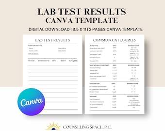 Resultados de análisis de laboratorio, Seguimiento de resultados de laboratorio, Seguimiento de análisis de sangre, Hoja de referencia de valores de laboratorio, Valores de laboratorio, Plantilla de Canva, Descarga instantánea