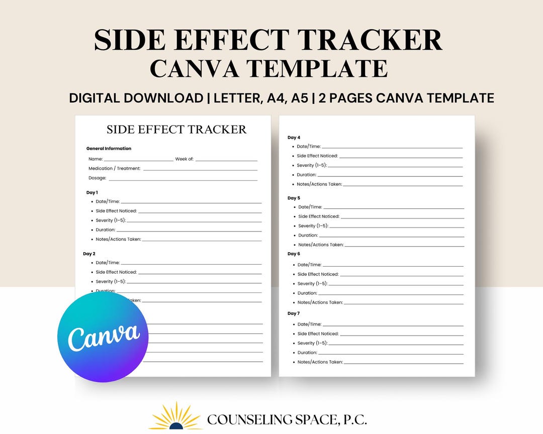 Side Effect Tracker Printable: Medical Symptom Log, Canva Template ...