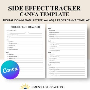 May include: A digital download Canva template labelled "Side Effect Tracker." The template features two pages with sections for general information and tracking side effects over seven days. The Canva logo is visible in the lower left corner.
