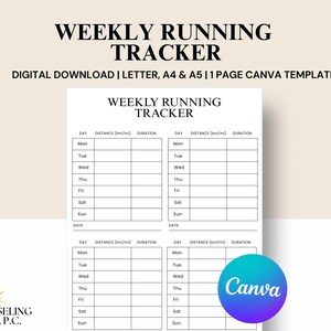 Puede incluir: Una plantilla blanca de seguimiento de carrera semanal con el texto "WEEKLY RUNNING TRACKER" en la parte superior. La plantilla incluye secciones para el día, la distancia (km/mi) y la duración. El logotipo de Canva es visible en la esquina inferior derecha.