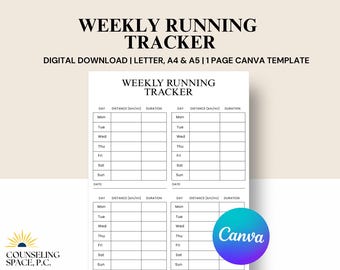 May include: A white weekly running tracker template with the text "WEEKLY RUNNING TRACKER" at the top. The template includes sections for day, distance (km/mi), and duration. The Canva logo is visible in the bottom right corner.