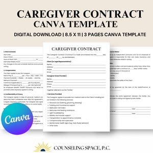 Caregiver Contract, Caregiver Agreement, Homecare Agreement, Caregiving Contract Printable, Canva Template, Instant Download
