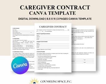 May include: A digital download Canva template for a Caregiver Contract. The template includes three pages and is sized at 8.5 x 11 inches. The design features a clean layout with sections for work schedule, compensation, and services provided.