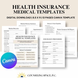 Organizador Médico para Imprimir: Rastreador de Plano de Saúde, Lista de Verificação de Consultas Médicas (Modelo Canva, Download Digital)