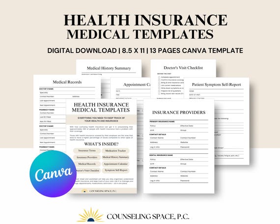 Medical Organizer Printable: Health Insurance Tracker, Doctor Visit Checklist (Canva Template, Digital Download)