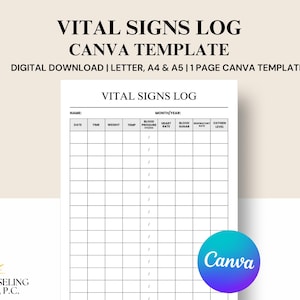 Printable Vitals Signs Log, Vital Sign Sheet, Vital Signs Tracker, Printable Vital Sign Template, Canva Template, Instant Download