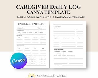 Caregiver Daily Planner: Printable Log Forms, Canva Template (Instant Download)