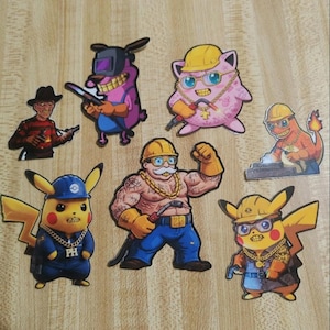 Funny Cartoon Construction Worker Stickers – Pikachu, Jigglypuff, Meme Mashup Vinyl Decals for Laptops, Water Bottles, Journals