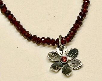 Garnet Flower Necklace~ Garnet beaded necklace, garnet stones, wine colored stones, silver flower, flower pendant, handforged pendant, red