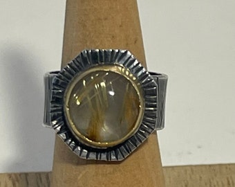 Oxidized Sterling Silver Rutilated Quartz Ring, 18kt Gold Bezel, Size 7