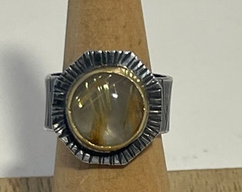 Rutilated Quartz Ring ~ statement ring, Rutilated Quartz cabochon, mixed metals ring, 18kt gold, bezel setting, sterling silver ring, boho