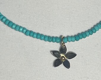 Turquoise Flower Pendant~ Silver flower, flower pendant, Turquoise necklace, Turquoise stones, beaded necklace, blue stone, 14kt gold, boho