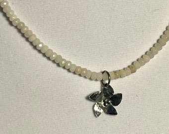 White Jade Flower Necklace~ White Jade stones, beaded necklace, flower pendant, silver flower, white stones, white beads, jade, boho chic,