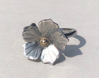 Flower Ring~ silver flower ring, 14kt gold, oxidized silver, flower jewelry, flower power, stacking ring, inner earth jewelry