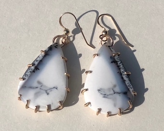 Dendritic Opal Slice Earrings- dendritic opal, prong set earrings, goldfill earrings, 14kt goldfill, opal earrings, inner earth jewelry, iej