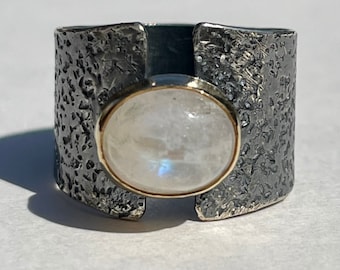 Rainbow Moonstone Ring- wide band ring, 18KT gold, mixed metals, oxidized silver, gemstone ring, white stone