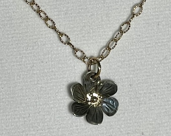 Flower Necklace~ flower pendant, floral jewelry, handmade pendant, mixed metal jewelry, silver flower, 14kt gold, gold necklace, boho chic