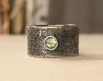 Green Tourmaline Ring- green tourmaline, tourmaline ring, tourmaline jewelry, wide band ring, earthy jewelry, oxidized sterling, ooak, ring