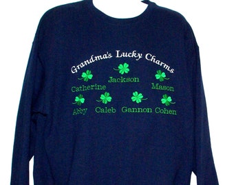 Grandma Lucky Charm Sweatshirt, Custom Grandparent Birthday Gift, Personalize With Eight Grandkids Names, Pappy, Nana, Ships TODAY, AGFT 394