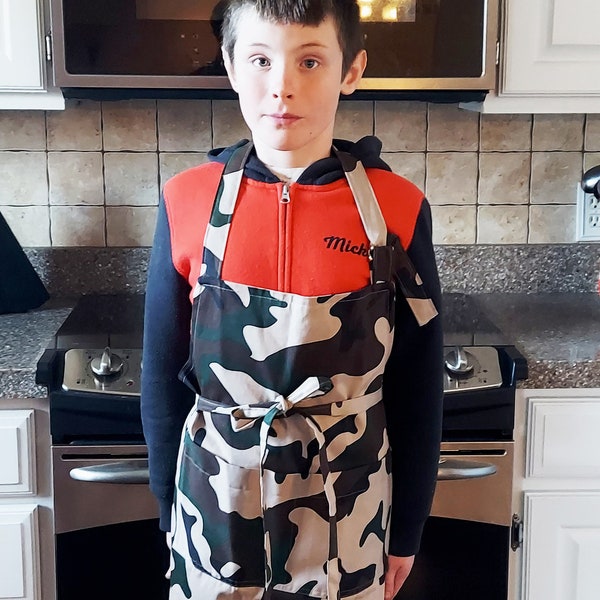 Camouflage Camo Apron, Youth, Teen, Custom Boys, Girls, Petite Adult, Custom Birthday Gift Personalized With Name,  Ships TODAY, AGFT 410