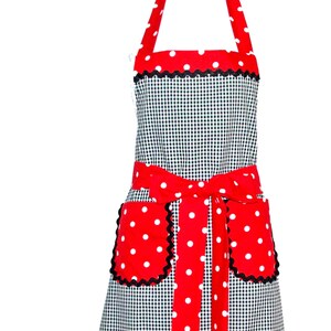 Black Red Ladies Full Bib Apron, Gingham, Custom Cotton Birthday Gift, Personalize With Name, Grandma, Mom, Sister, Daughter, Wife, AGFT 811