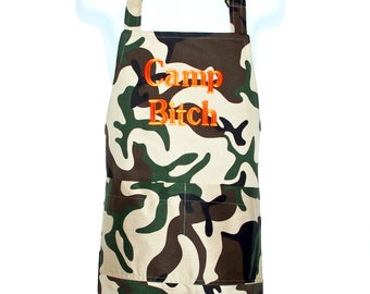 Camouflage Camo Apron, Camp Bitch Tailgate, Dad, Grandpa, Uncle, Boss, Brother, Military Boyfriend, Full Bib, Long Two Pocket, AGFT 1194