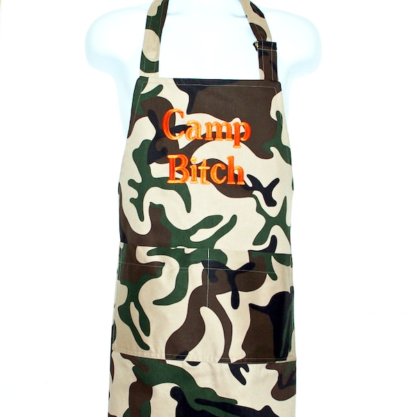 Camouflage Camo Apron, Camp Bitch Tailgate, Dad, Grandpa, Uncle, Boss, Brother, Military Boyfriend, Full Bib, Long Two Pocket, AGFT 1194